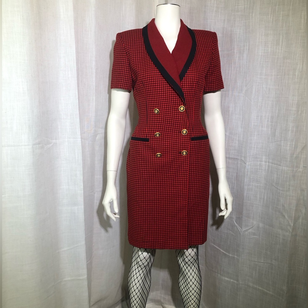 Vtg Danny & Nicole Red Double-Breasted Blazer Dress with Black Trim